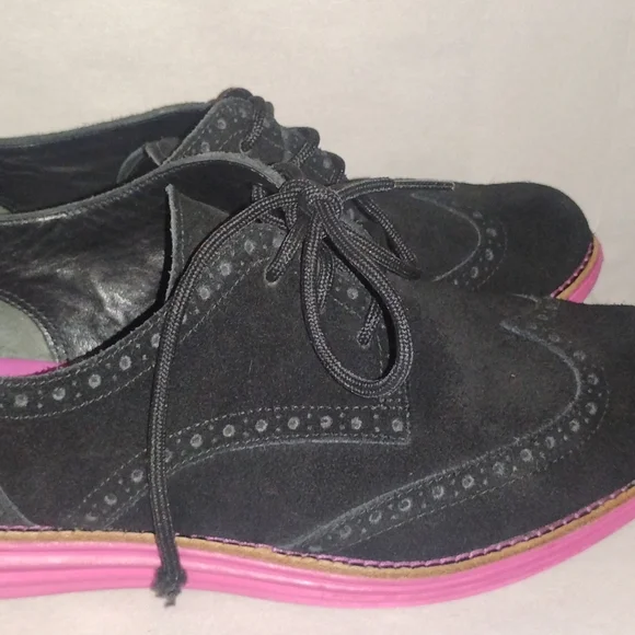 Cole Haan Lunargrand Women's Blue Suede Wingtip Pink Soles Shoes Size 8 D38899 - Picture 2 of 14